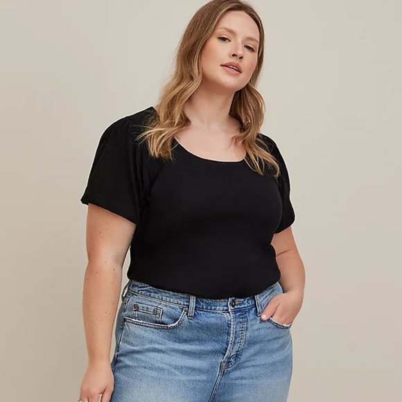 PUFF SLEEVE TEE BLACK HERITAGE SLUB KNIT COTTON - Plus Size 3X - Picture 6 of 8